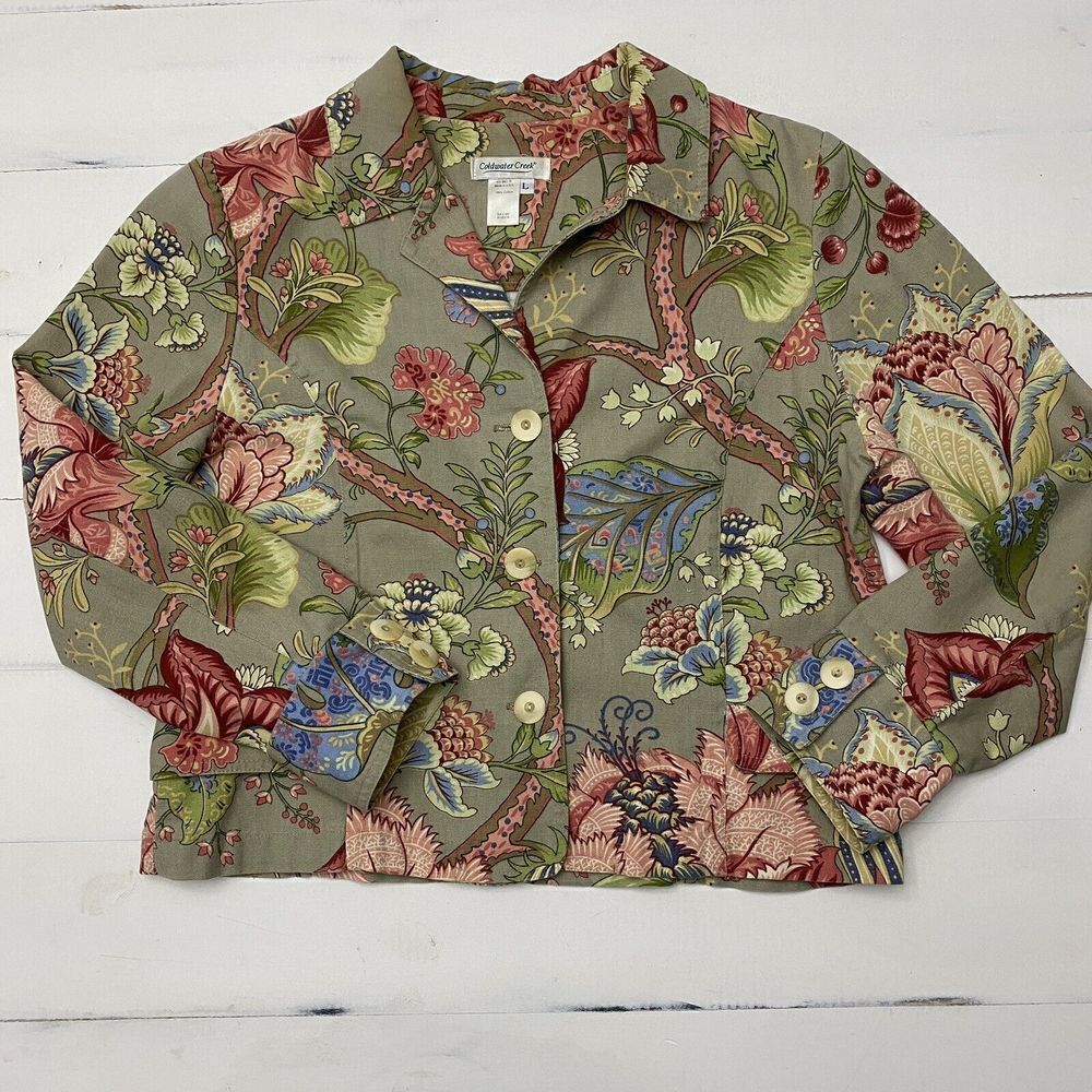 Women's Coldwater Creek Multicolor Floral Jacket Large  Button Boho USA Heavy